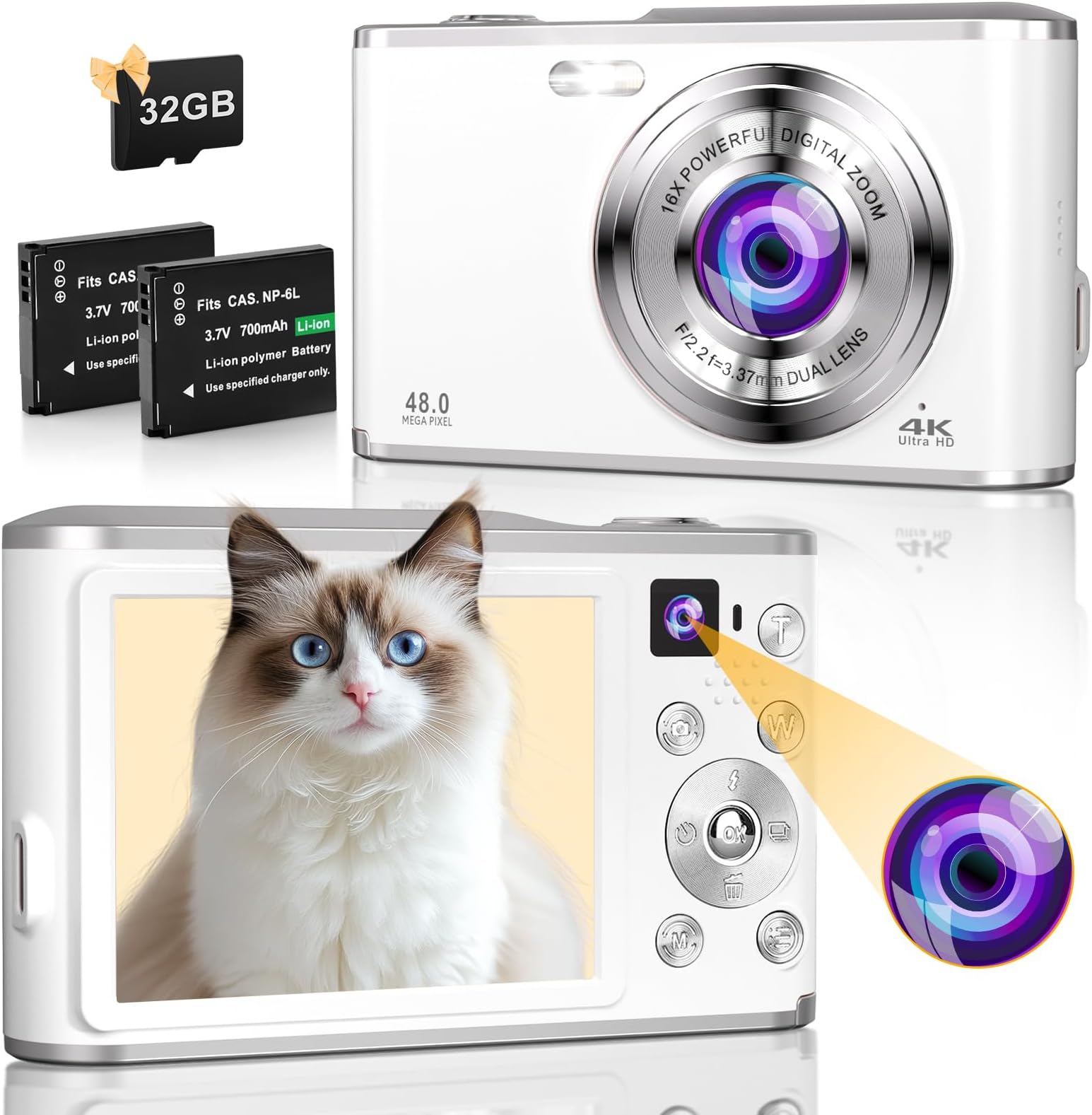 TEBNGIHNM 4K Digital Camera, 48MP Autofocus Compact Kids Camera with Dual Camera, 16X Digital Zoom Point and Shoot Cameras with 32GB Card & 2 Batteries Vlogging Camera Gift for Teen Beginners - White