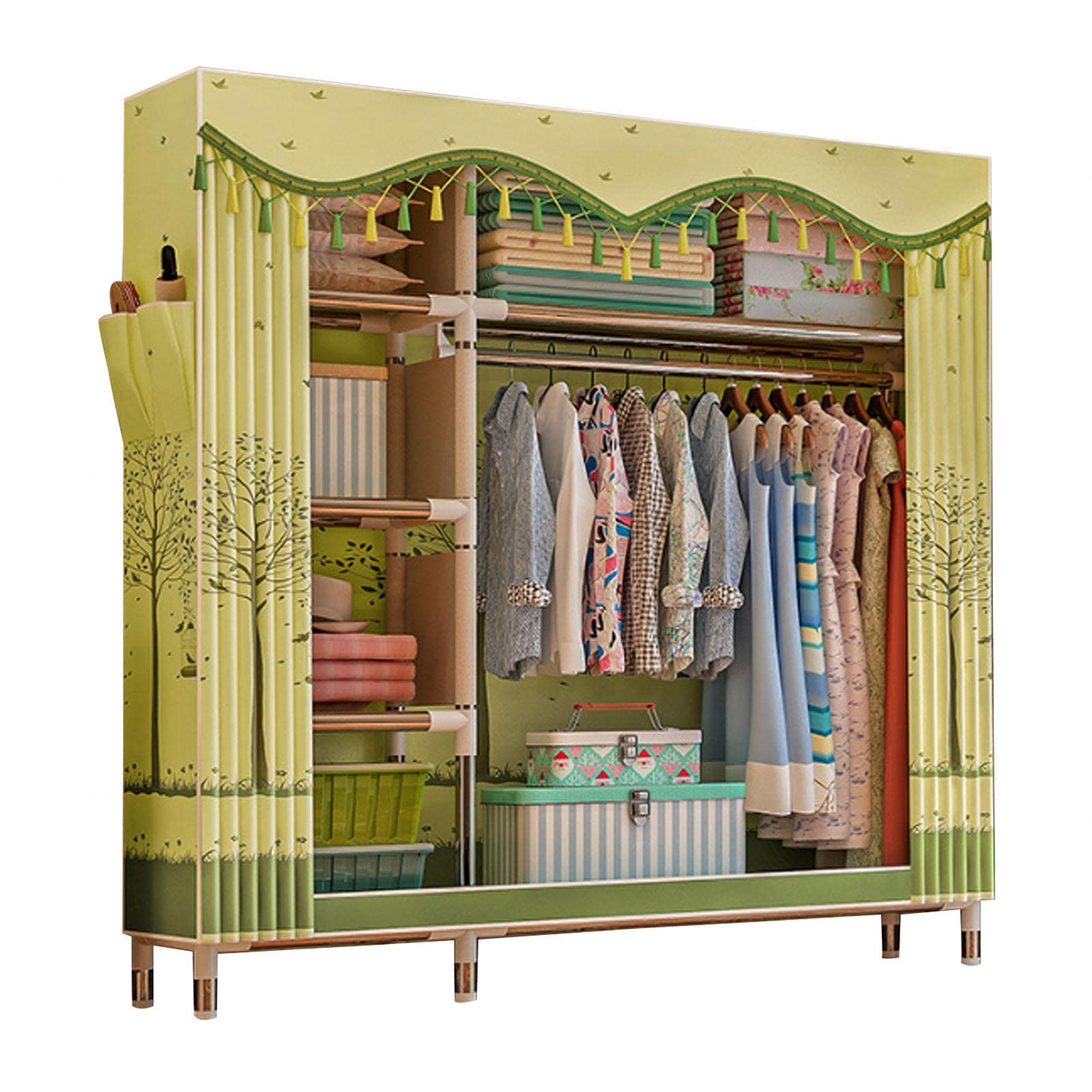 Armario de lona plegable con estantes portátiles y barra para colgar ropa en el dormitorio