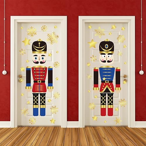 Whaline 8 hojas de calcomanías de Navidad grandes para puerta de cascanueces de copo de nieve dorado para refrigerador pared ventana puerta