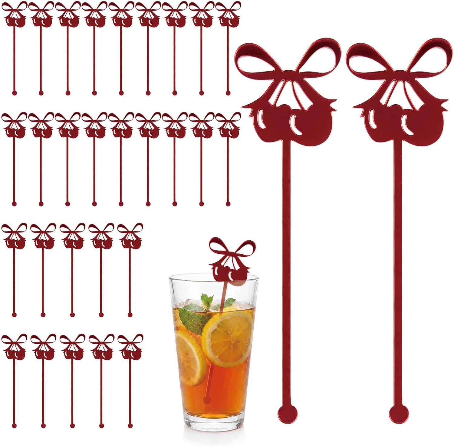 30 PCS 6 Inch Mirror Red Bow Cherry Drink Stirrers, Acrylic Swizzle Sticks for Wedding Birthday Bridal Shower Cocktail Party, Reusable Stir Sticks Coffee Stirrers Bar Decor (Mirror Ruby Red)