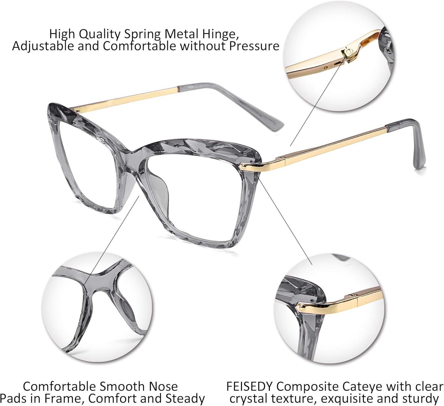 FEISEDY Cat Eye Glasses Frame Clear Lenses Lightweight Eyewear for Women B2440 Grey 55 Millimeters image 4 of 7 B07N7SNCBW