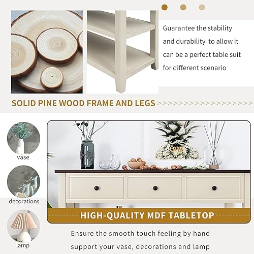 Miniatura 12 de Mesa consola retro con 3 cajones, mesa de entrada de madera maciza, mesa de sofá estrecha con estante, mesa de entrada estrecha, mesa de pasillo de