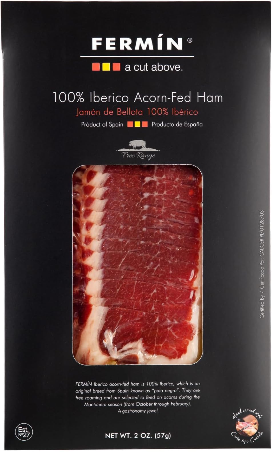 Iberico de Bellota Ham Sliced by Hand (2 oz). GLUTEN FREE by Fermin
