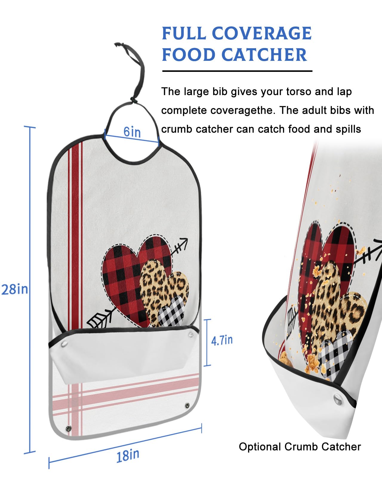 Valentine's Day Adult Bibs for Eating, Waterproof Bibs with Food Catcher & Adjustable Snap Closure, Red Stripe Board Red Heart Sword Through Love Clothing Protectors Adult Bibs for Elderly Women/Men