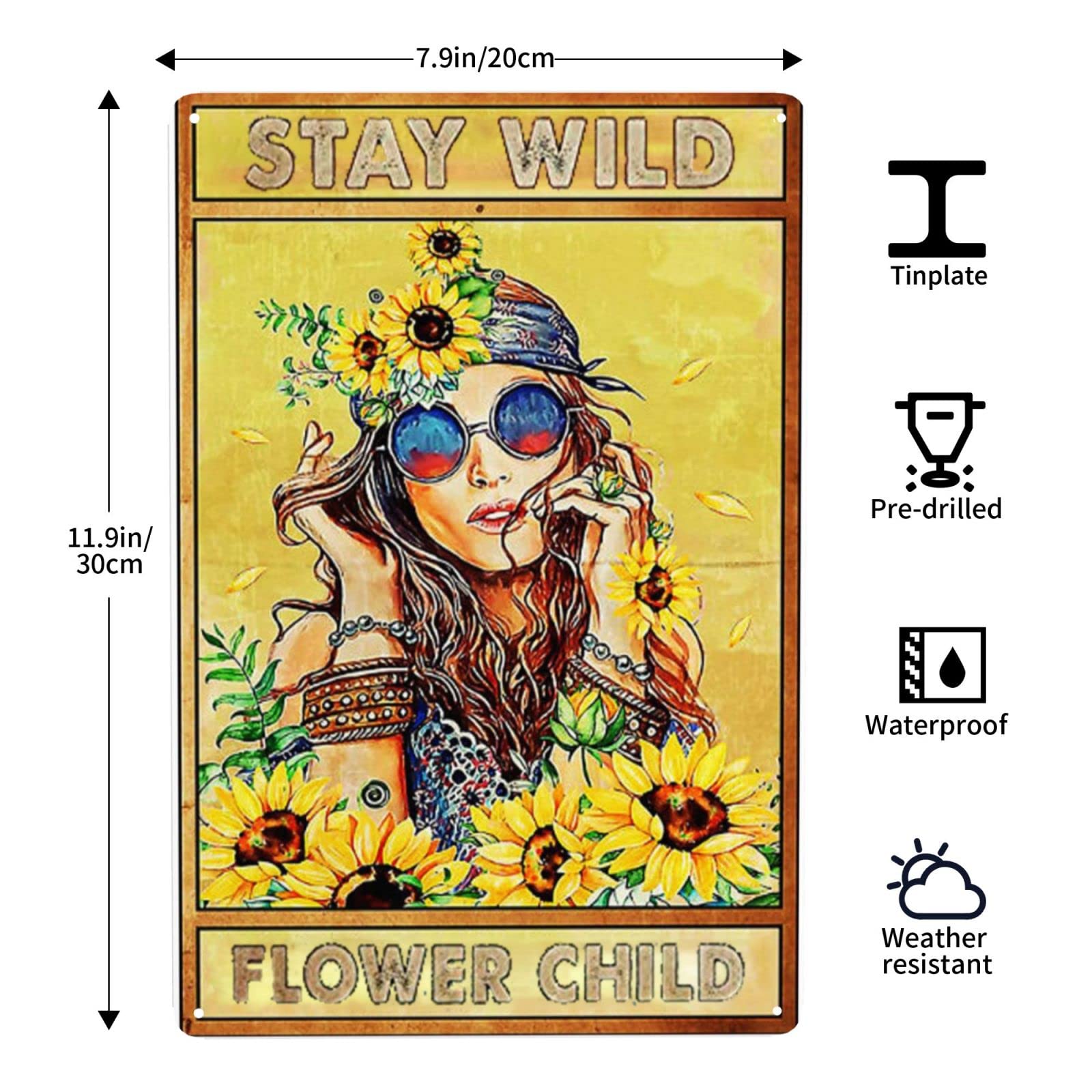 APILOT Letrero De Metal Vintage Con Texto En Inglés «Hippie Girl Stay Wild» Para Decoración De Pared, Letrero De Aluminio Para Baño, Cocina, Hogar, Bar, Cafetería, Garaje, Cueva, 6 X 8