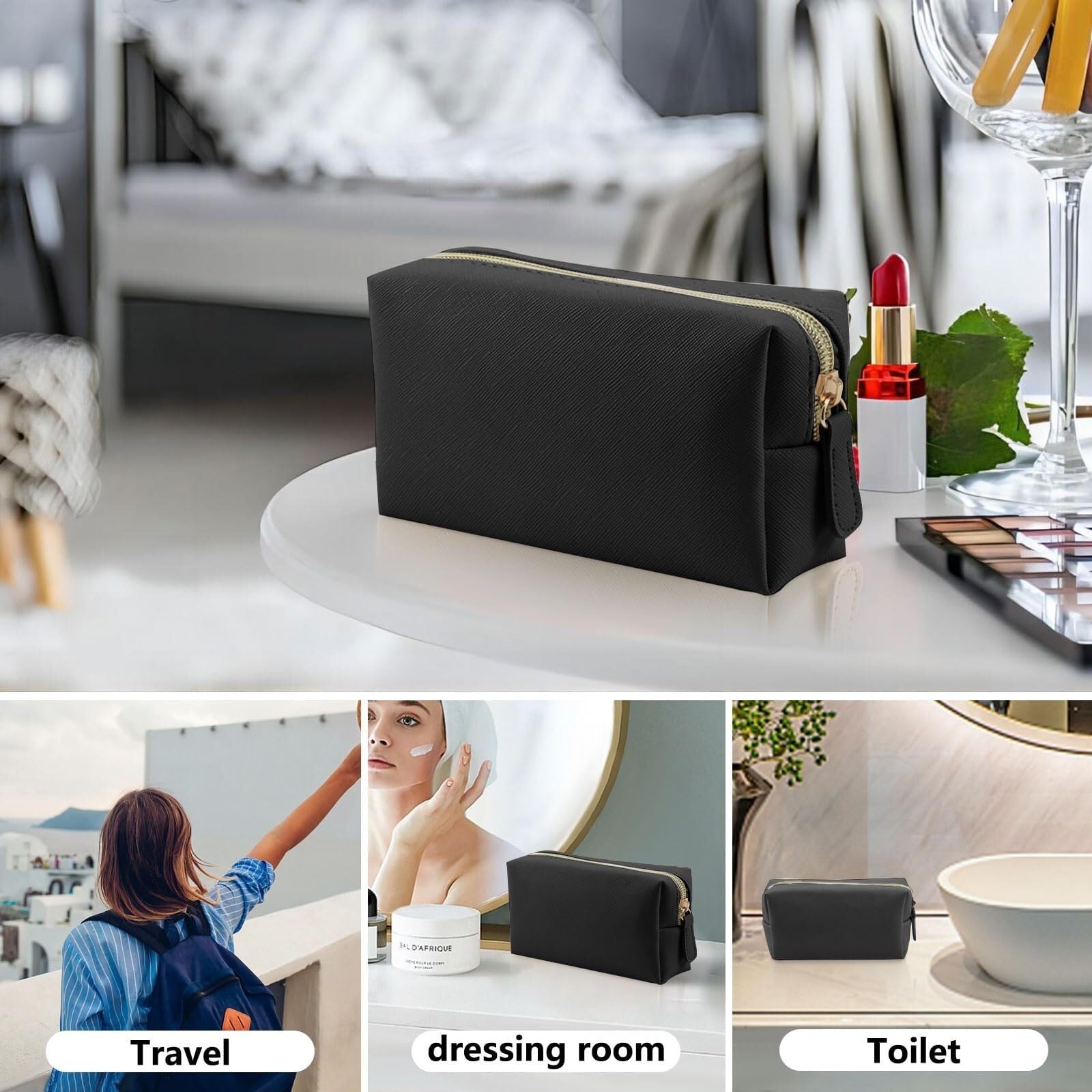 RUVOO Portátil para Viaje Bolsas Bolso Cosmético De Cuero del Viaje Pequeño Bolso Cosmético Portátil del Almacenamiento del Bolso del Cosmético con La Cremallera Organizador Maquillaje(Black,24cm)