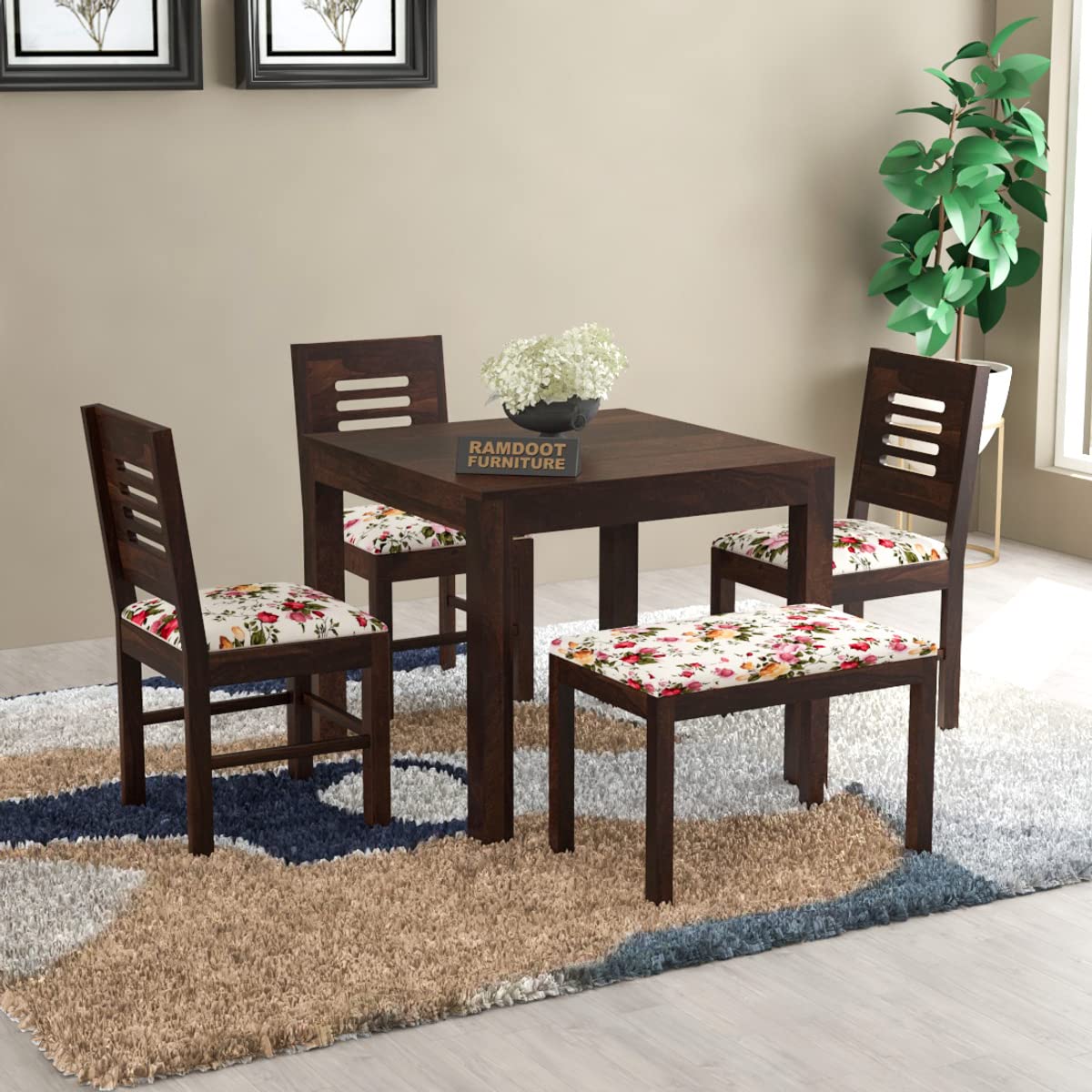 RAGHAV FURNITURE Solid Sheesham Wood Dining Table 4 Seater | Four Seater Dinning Table with 3 Chairs & Bench for Home | Chairs with Cushion | Dining Room Sets for Kitchen & Restaurants, Walnut Finish (B0D6BYG63L) Amazon Price History, Amazon Price Tracker