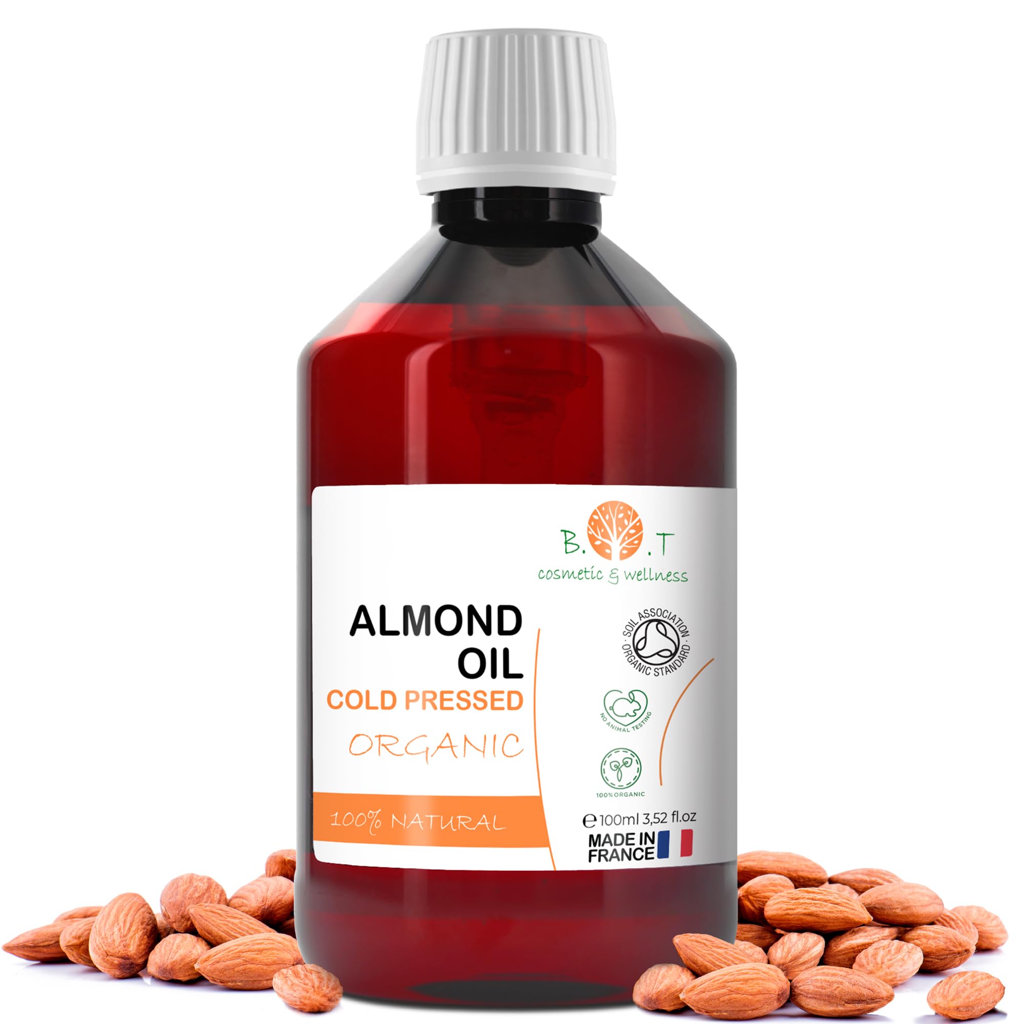 Aceite de Almendras Organico, Prensado en Frio, Puro, Natural. Aceite Masaje Profesional, Aceite Cabello y Pestañas, Hidratante Corporal (Manos, Uñas) Facial (Antiedad), Estrias Embarazo - 100 ml