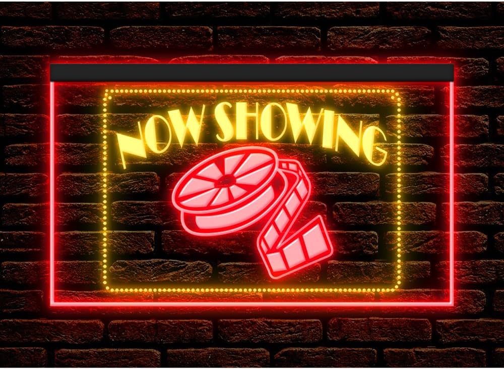 140029 Now Showing Movies Theater Home Decor Studio illuminated Display LED Night Light Neon Sign 7 Colors / 16 Colors By Remote / 13 Set Dual Color Two Tone Color (Blue & Yellow, 12" X 8")