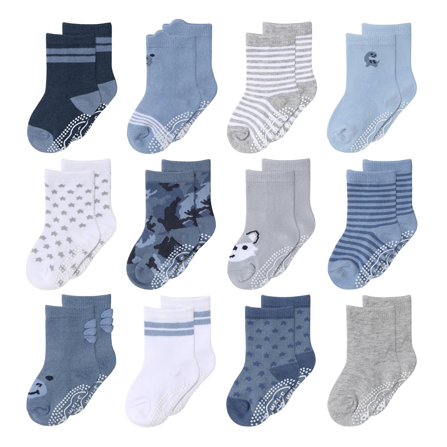 The Peanutshell Organic Baby Boy Socks for 3-12, 12-24 Months - Non-Slip Grip, Soft and Breathable 100% Cotton Baby Crew Socks - All Day Comfortable Design - Blue, Gray