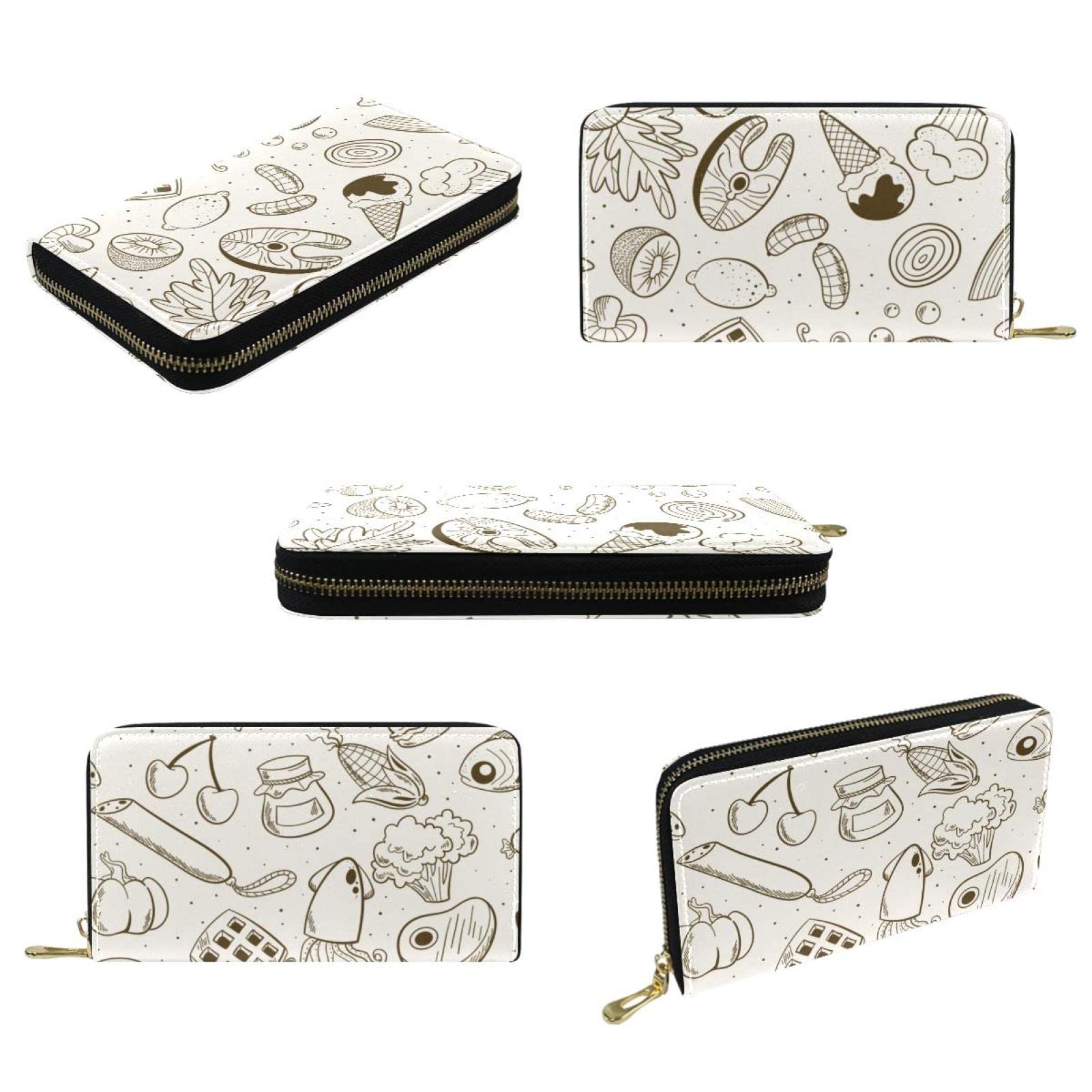 Cartera larga de cuero con cremallera dibujada a mano con patrón de alimentos 01, Varios colores, 20.5x2.5x11.5cm/8.07x1x4.53 in, Classic