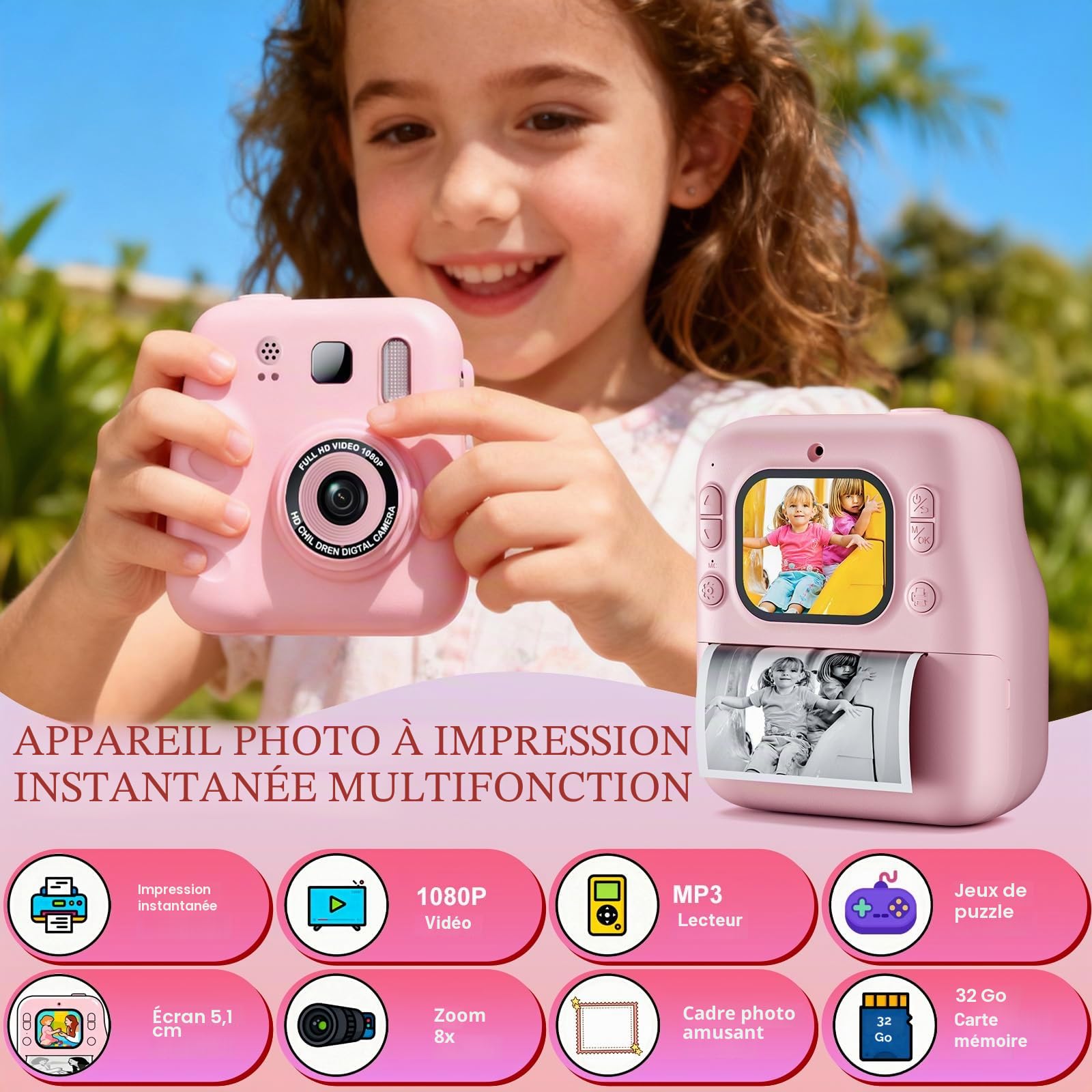 Appareil Photo Enfant,1080P Appareil Photo Numérique Enfant,Appareil Phot.o Instantané avec Carte 32GB & Papier d'impression,Cadeau Jouet de Noël pour Filles et Garçons 3 à 12 Ans