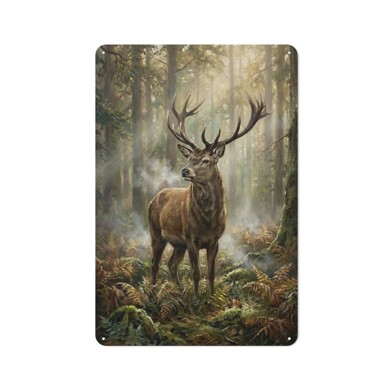 Tin Wall Plaque 30x20cm with Majestic Stag in Misty Forest for Pub Or Café, A Decorative Christmas Gift for Hospitality Wall Decor Collectors