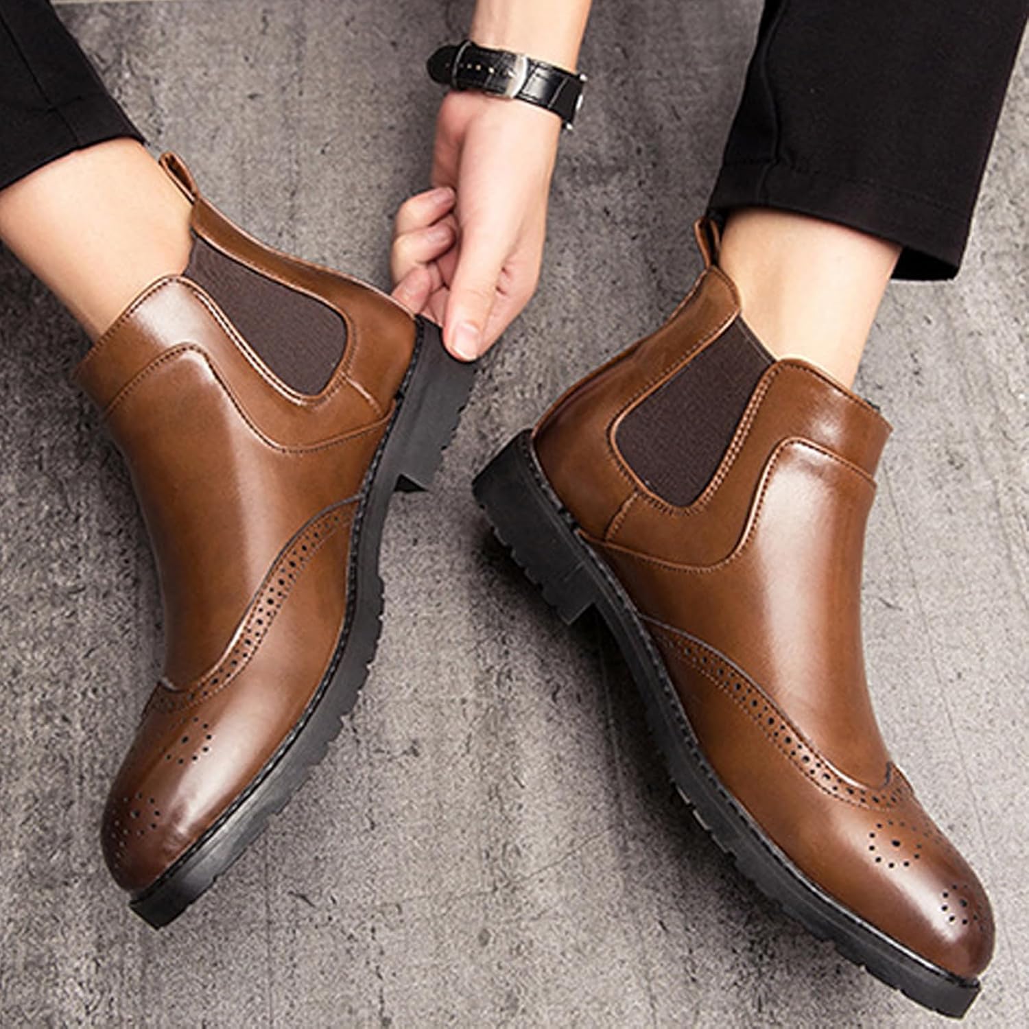 Chelsea Short Boots Leder Retro Brogue Chukka Stiefeletten Elastische Slip-on Formal Dress Boots, Brown, 5.5 UK