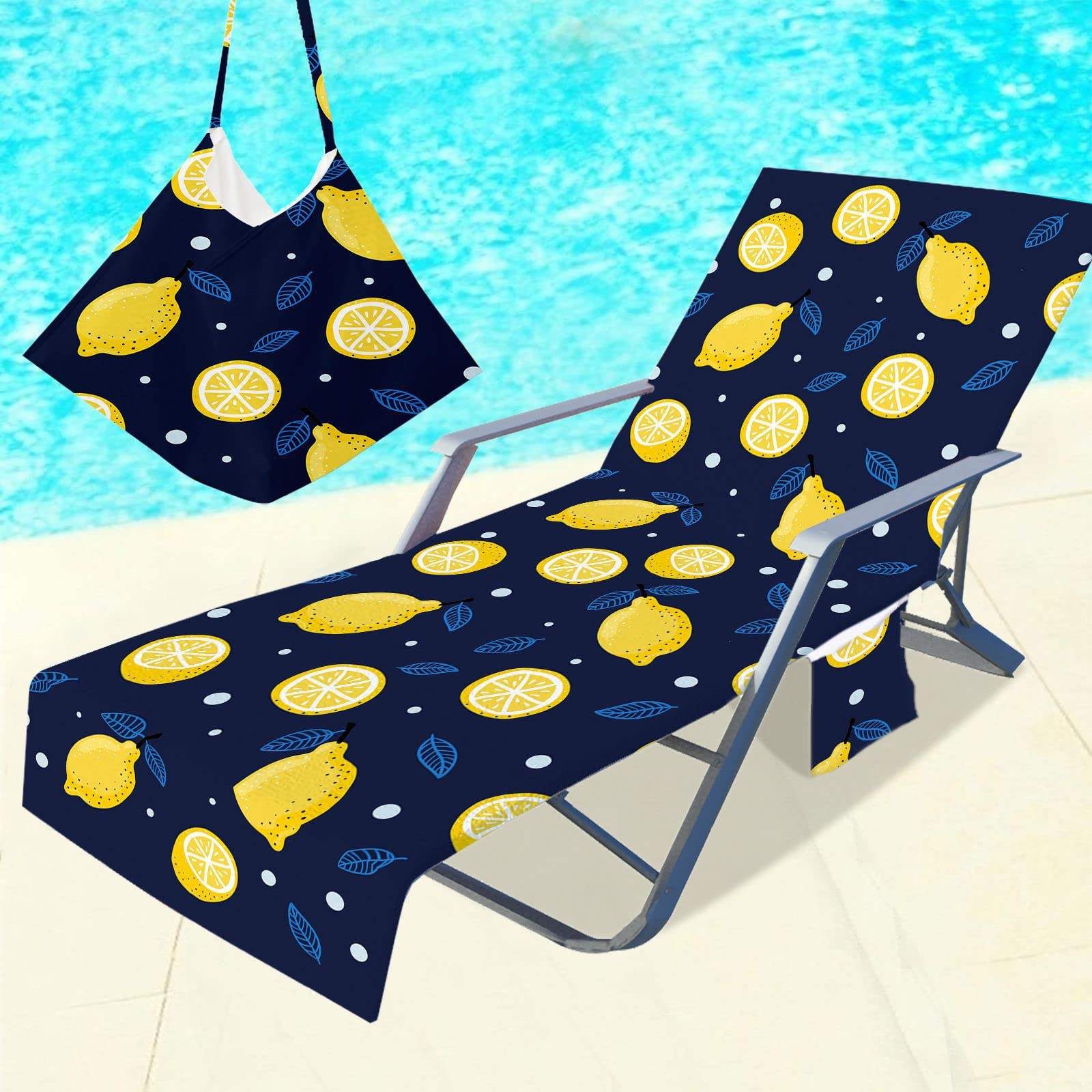 RRrawgff Beach Towel with Pockets for Loungers, Lemon Pattern Beach Chair Cover Towel Fitted Microfiber Sunbed Towel Sun Lounger Towels for Summer Outdoor Garden Pool Vacation (Lemon Slices)