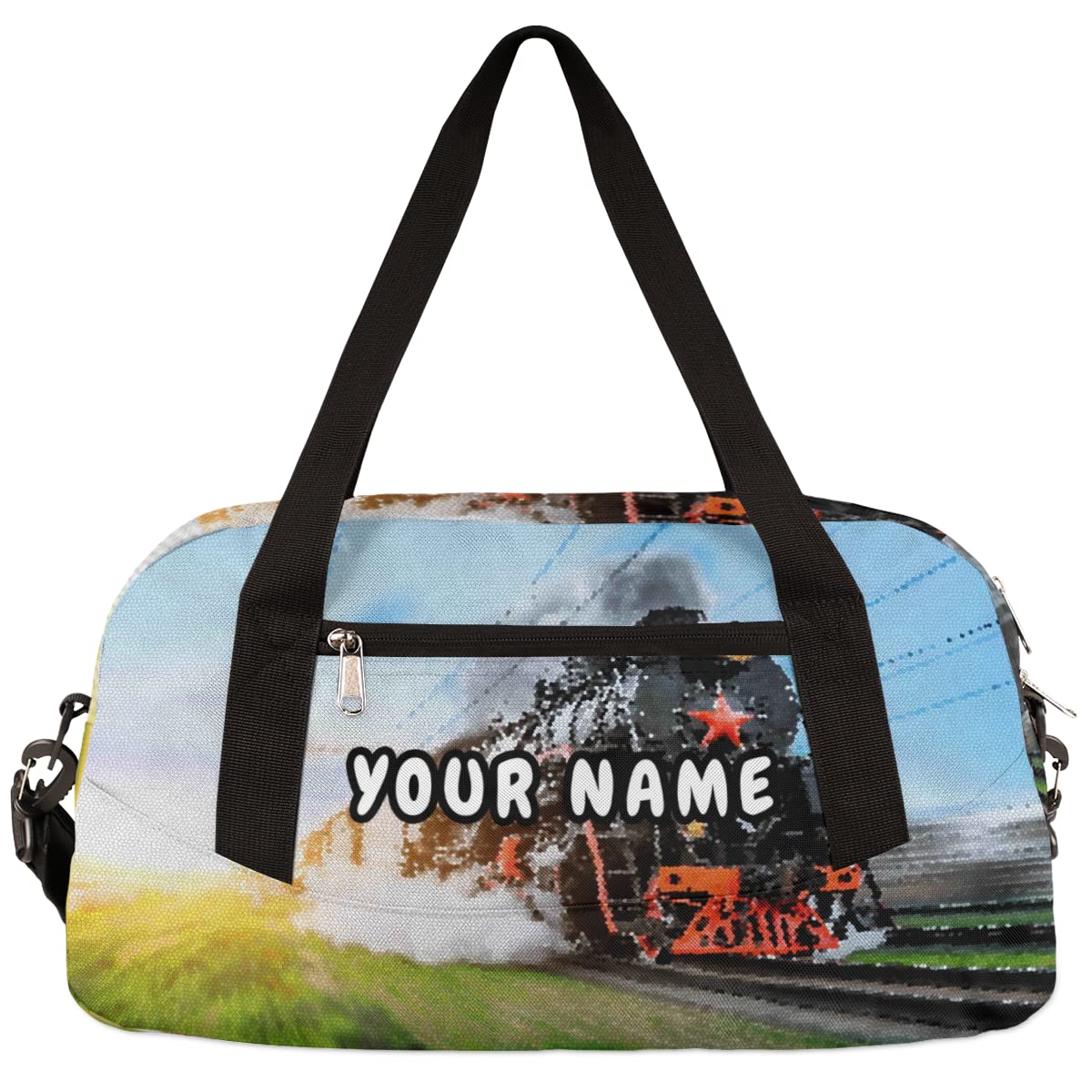 Steam Train Design Personalized Kids Duffel Bag for Boys, Train Pattern Customized Name Overnight Small Duffel Bag Carry On Weekend Sports Gym Travel Bag for School Practice Gymnastics Ballet