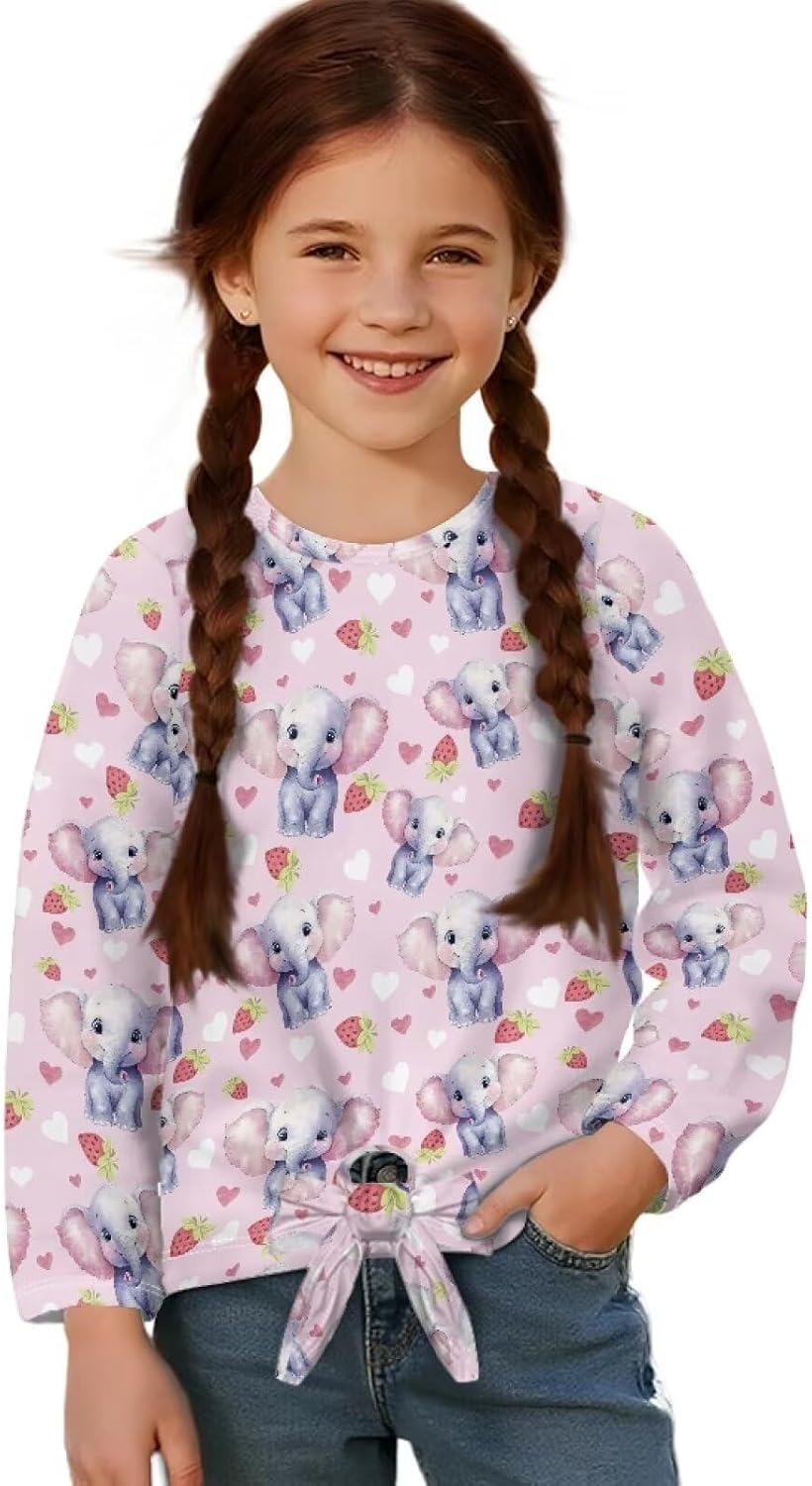 Girls Long Sleeve Shirts with Tie Hem, Crewneck Casual Blouses Tops, Loose Lightweight Sweatshirt 5-12 Years