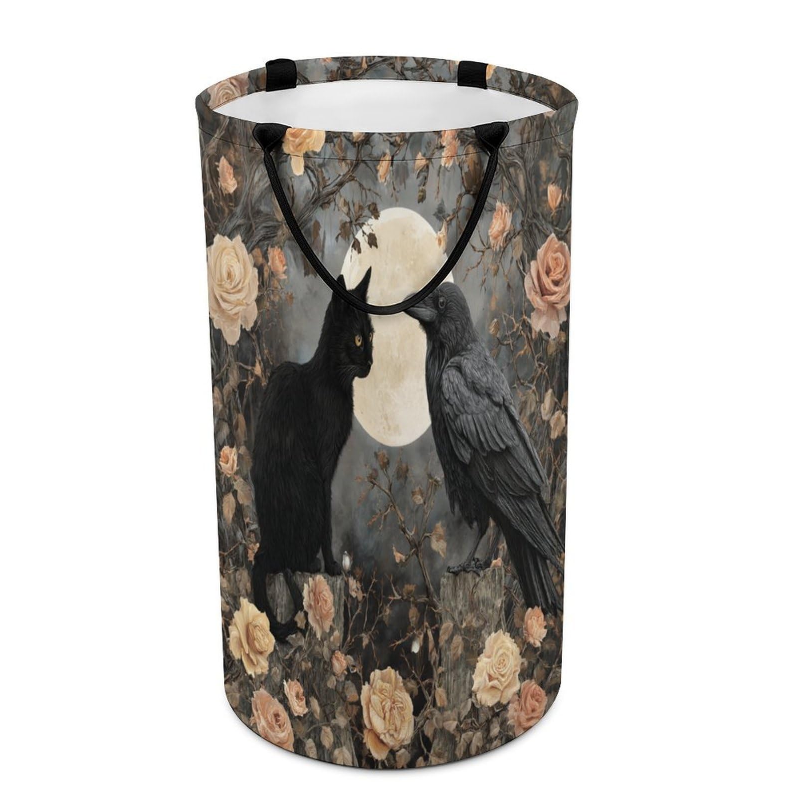 LUYYSKY Rustic Classic Black Cat Collapsible Dirty Clothes Basket, Gothic Oil Painting Halloween Full Moon Animal Crow Rose Floral Portable Clothes Storage Laundry Basket-40 CM Dia, 69 CM High