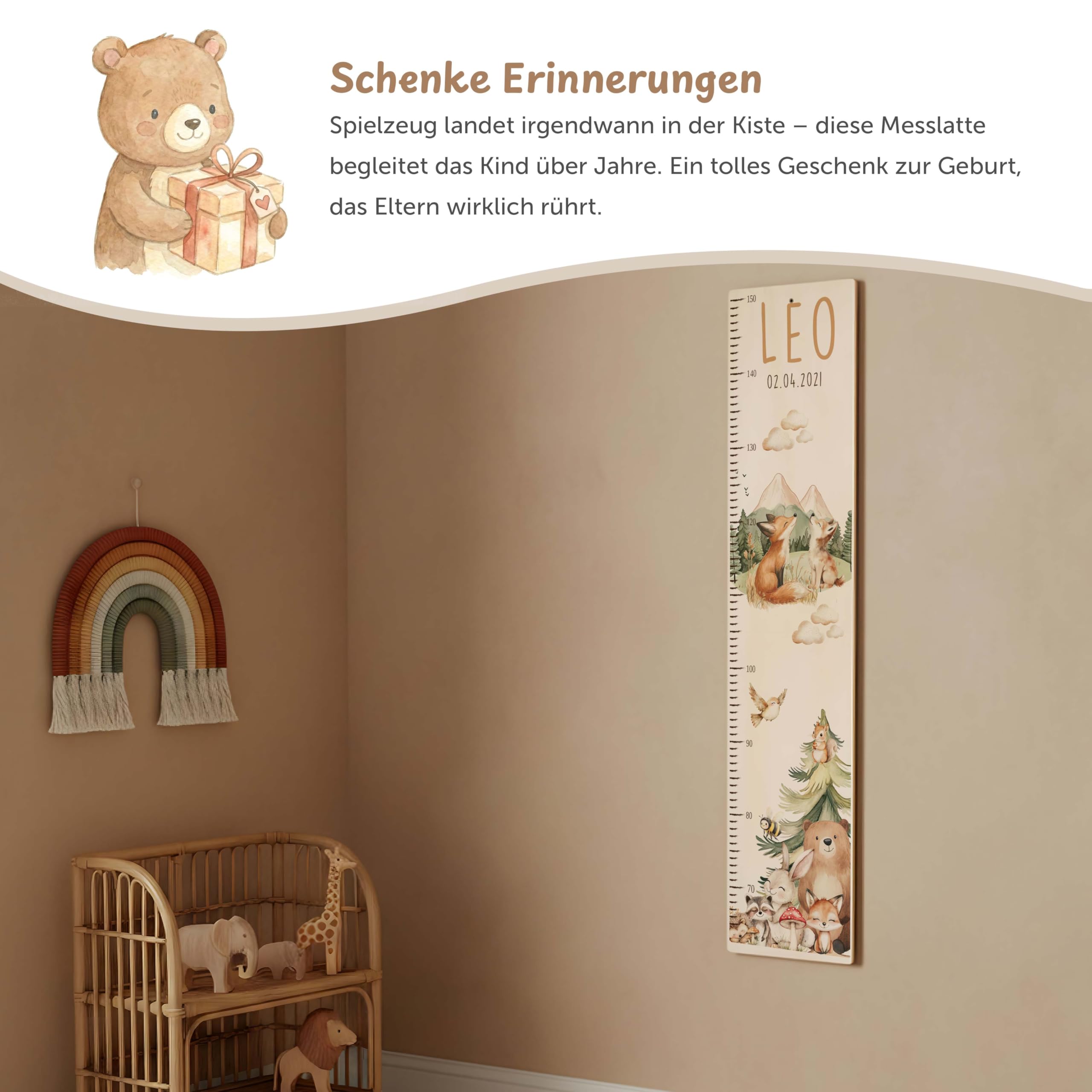 Kidsmood - Personalisierte Messlatte Kinder aus Holz – Hochwertige Messleiste & Wand-Deko für Baby- & Kinderzimmer mit abenteuerlichem Fuchs – Tolles Taufgeschenk für Mädchen & Jungen - Skala 65-140cm
