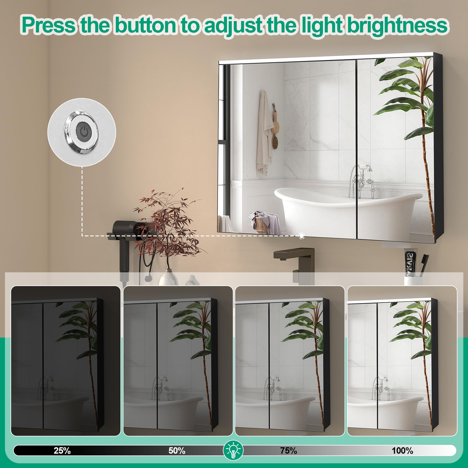 Armario con espejo de baño con iluminación LED, armario con espejo para baño con 5 estantes, interruptor táctil, armario de baño con espejo, 80 x 13 x 60 cm, color negro
