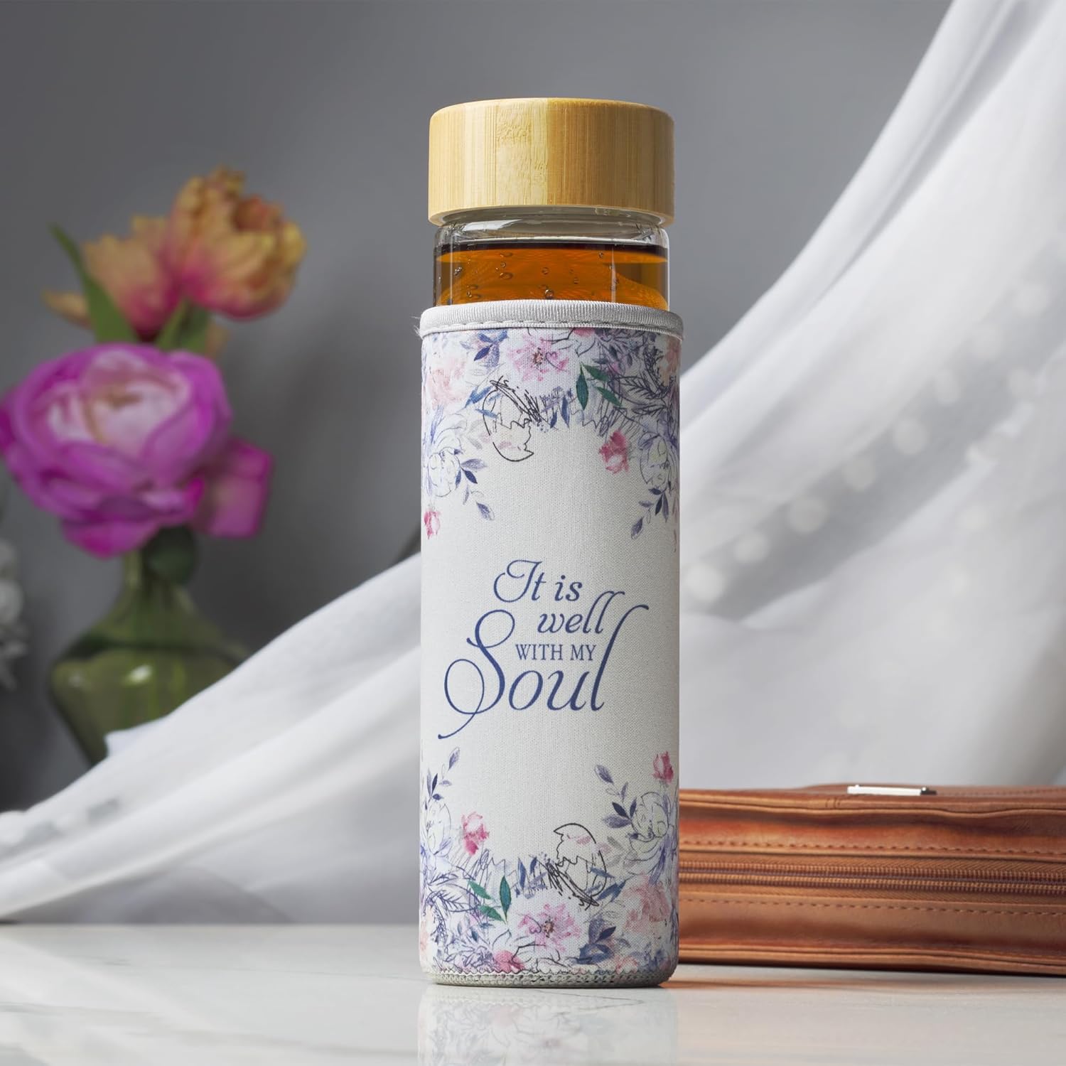 Christian Art Gifts Reusable Glass Water Bottle with Bamboo Twist Cap Lid and Insulating Sleeve 17 oz. Water Bottle for Travel and Cold Beverage with Spiritual Hymn - It is Well With My Soul - Image 2