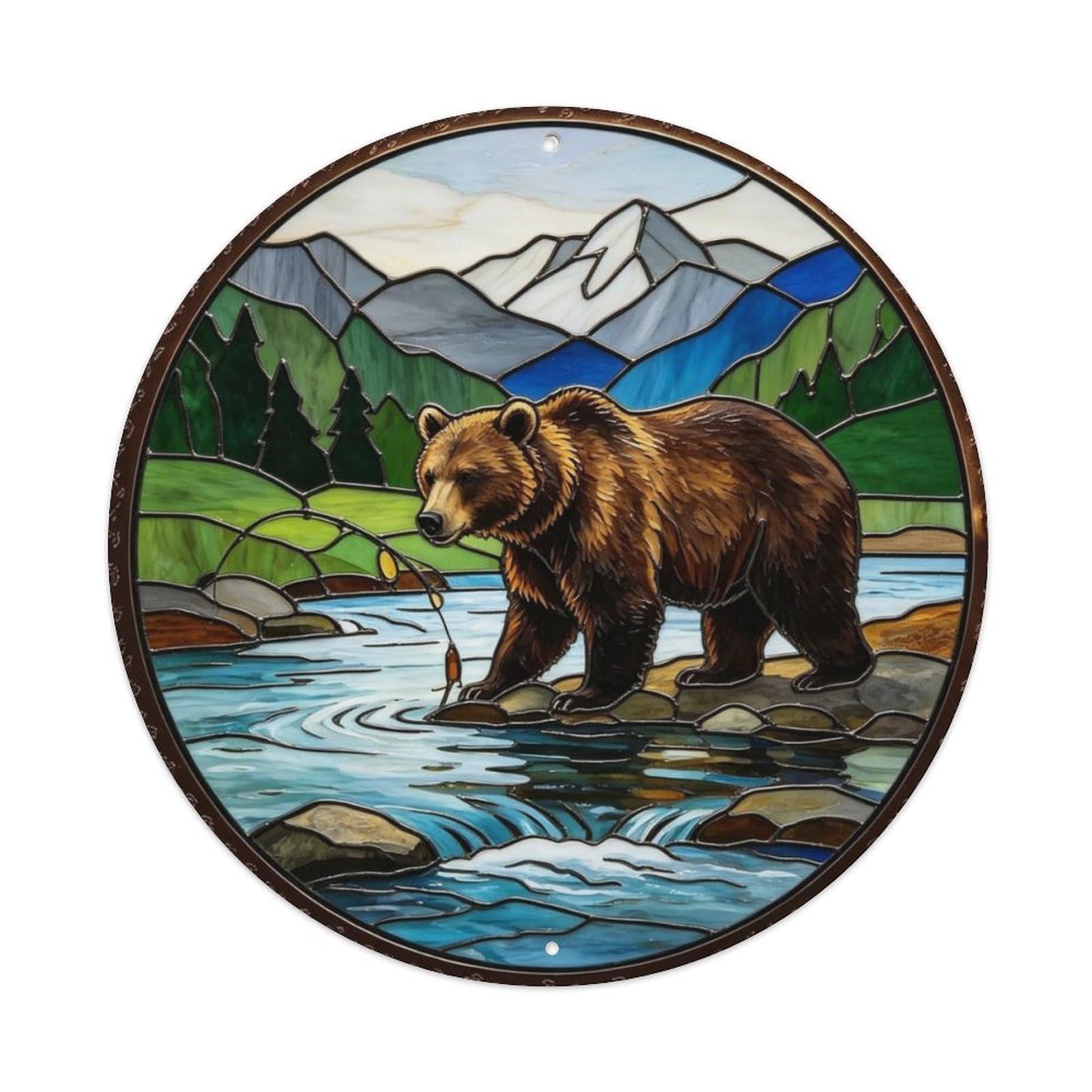Bear Fishing Mountain River Wilderness Stained Glass Metal Tin Sign Plaque