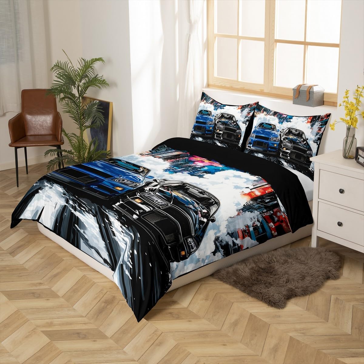 Speed Racing Car Duvet Cover Toddler Size Modern Extreme Sports Bedding Set 2pcs Watercolor Street Building Comforter Cover for Boys Room Decor Cool Race Car Quilt Cover,1 Pillowcase(Not Comforter)