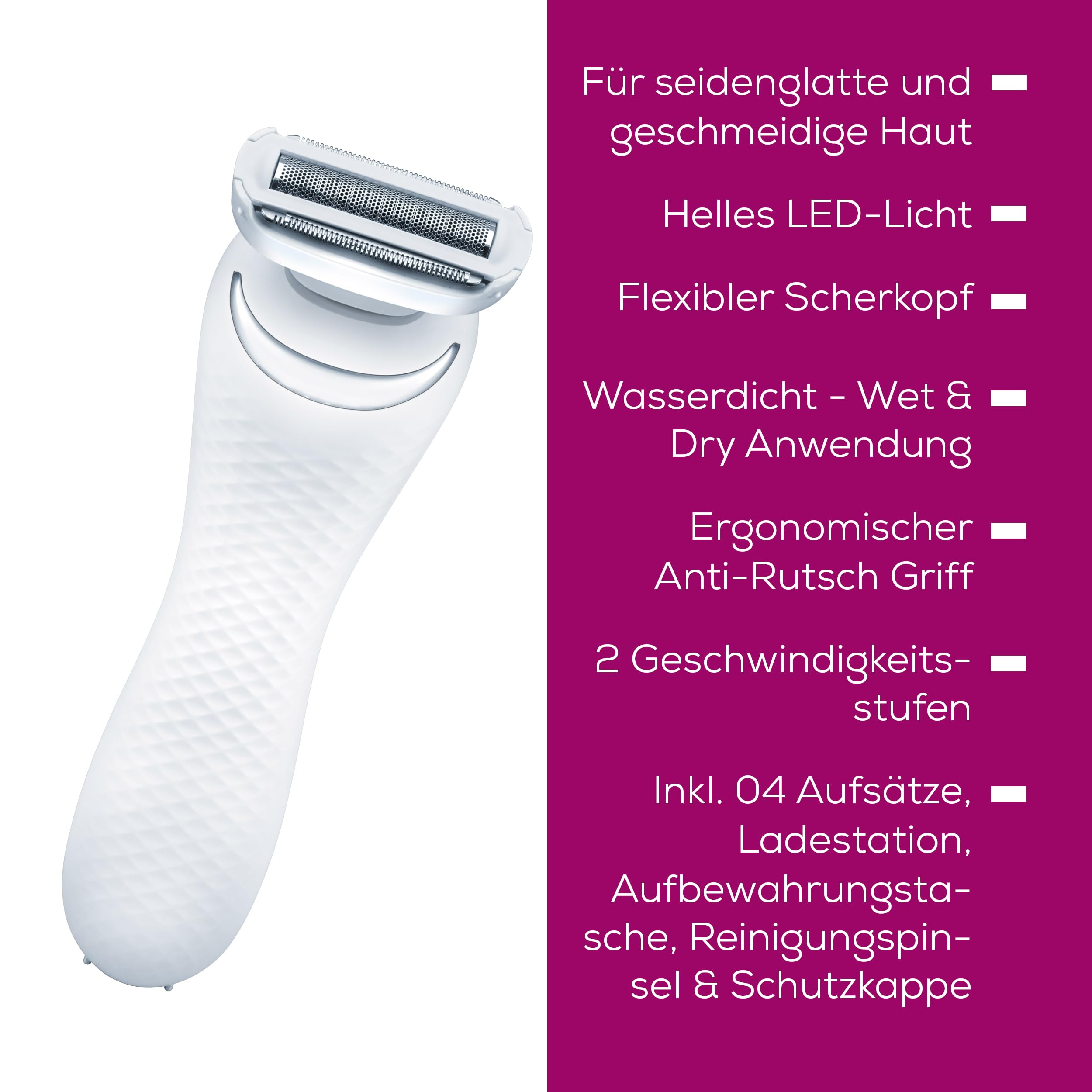 Beurer HL 36 Rasierer, elektrischer Nass- und Trockenrasierer, 4 Aufsätze, beweglicher Scherkopf mit Trimmfunktion, Scherfolie gegen Hautreizungen, helles LED Licht, mit Akku