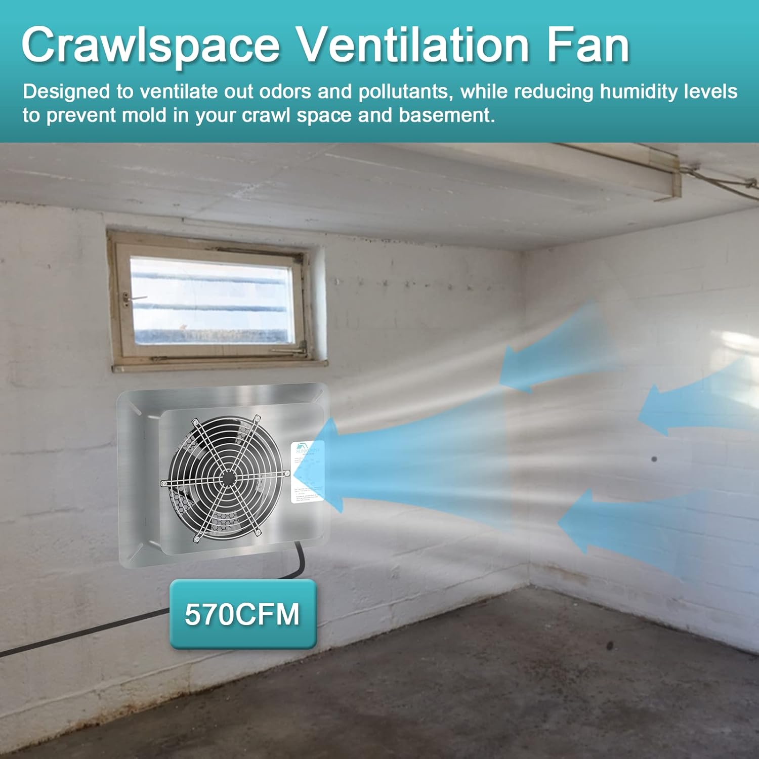 Stainless Steel Crawl Space Vent Fan - 570 CFM Air Out Ventilation Fan with Humidistat Dehumidistat, IP55 Exhaust Fan with Metal Fan Cage for Crawlspace Foundation Basements Garage Attic