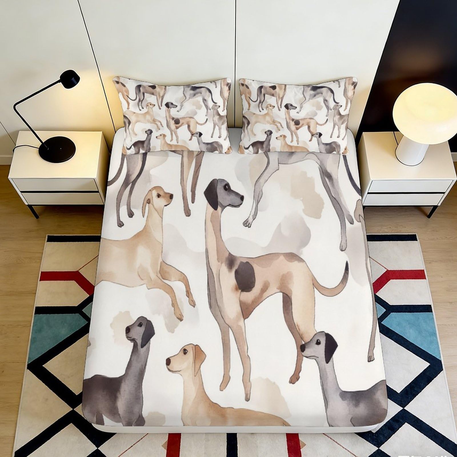 3D Printed Greyhound Dog Pattern Fitted Sheet Microfiber Soft Bed Cover for Bedroom Guest Room Mattress Decor 90x200x25cm