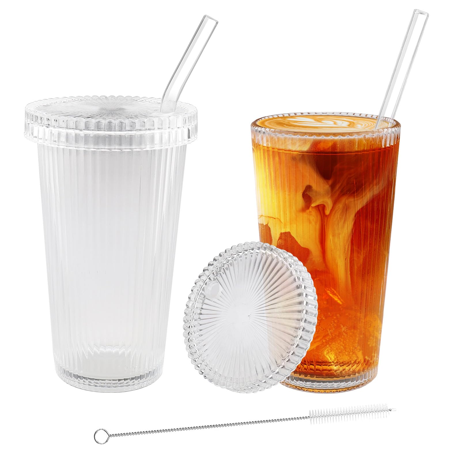 Bicchieri Acqua con Coperchio e Cannuccia, 2 Pezzi 375 ML Vetro Tazze per Cappuccino Cocktail Caffè Freddo Tè e Soda