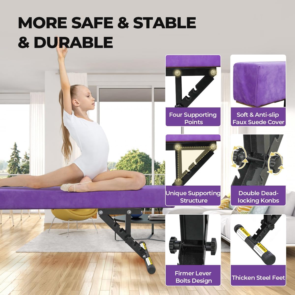 Poutre Gymnastique Enfant 244cm avec 5 Hauteurs Réglables, Niveau Haut et Bas, Poutre d'entraînement Gymnastique Equipement de Gymnastique pour Débutants et Gymnastes Professionnels avec Jambe