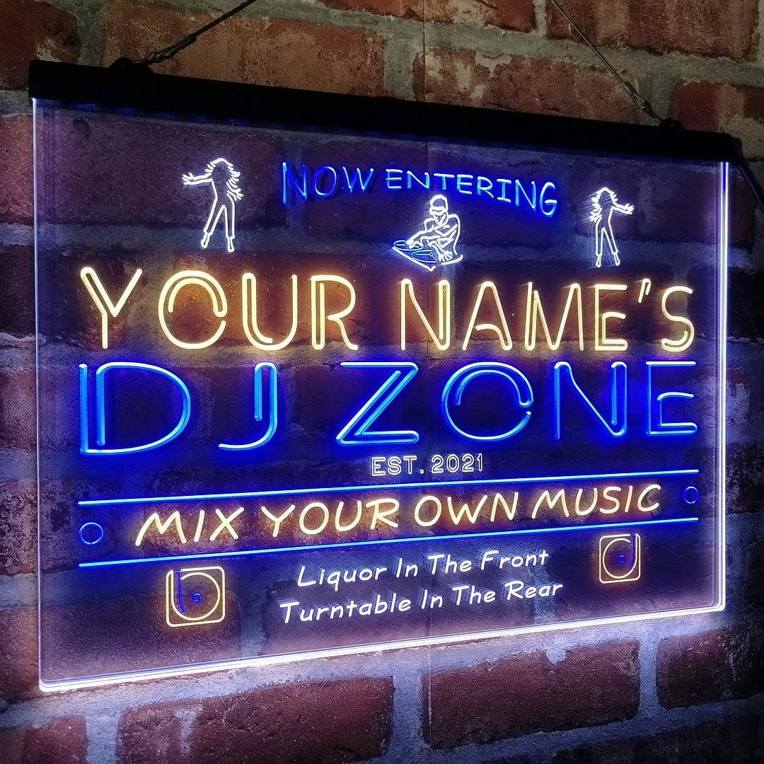 Personalized DJ Zone Music Disco Tri-Color LED Neon Light Sign Customize Name Date Text Quote Font White & Blue & Yellow 17.7 x 13.6 Inches st9s43-qh1-tm-wby