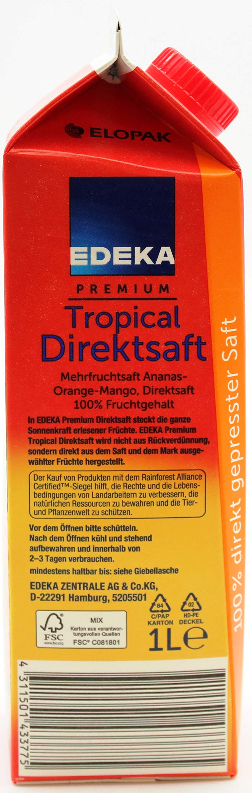 EDEKA Premium Tropical Direktsaft Ananas-Orange-Mango, 8er Pack (8 x 1 l)