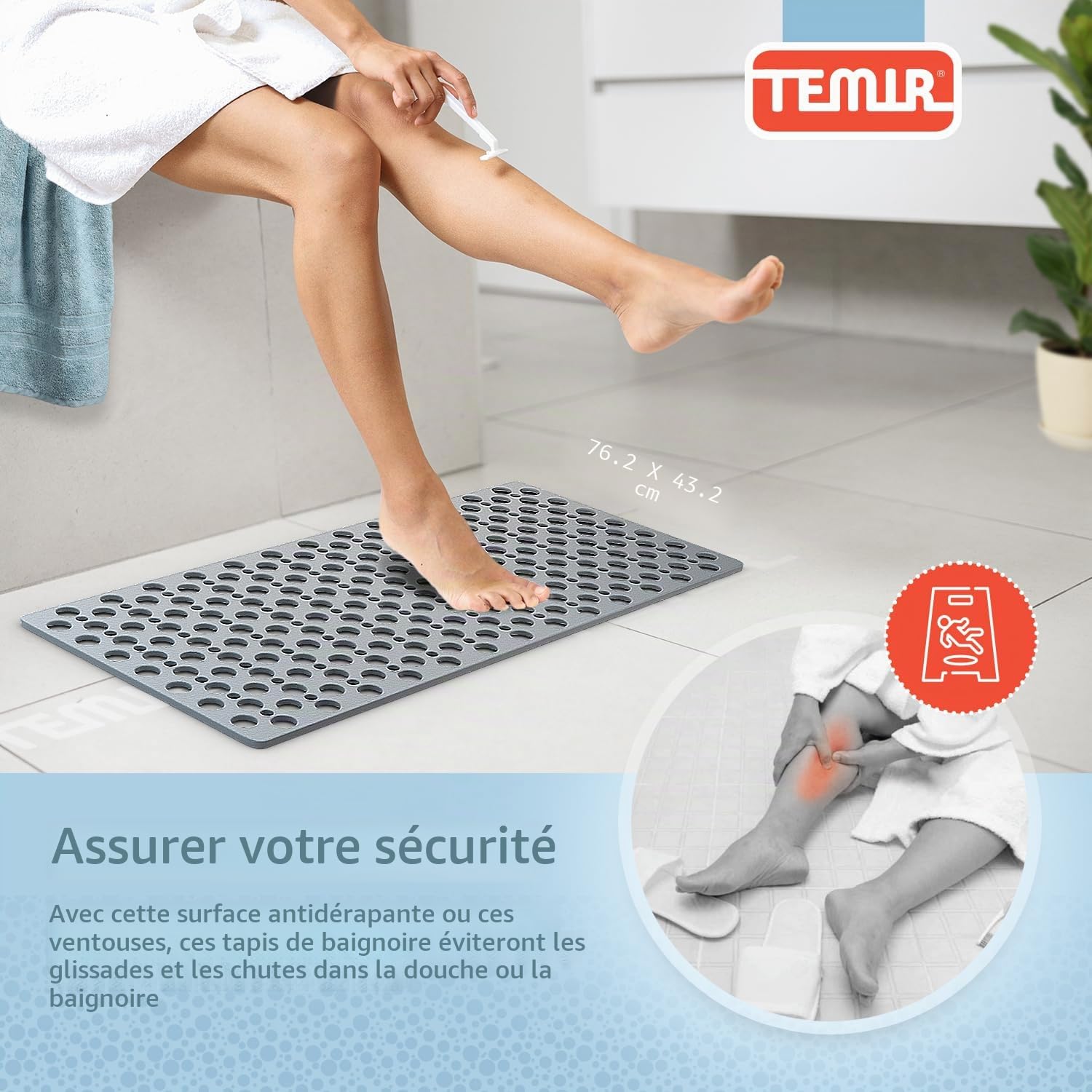 TEMIR Tapis de Bain antidérapant avec ventouses et Trous de Drainage, Doux et Lavable en Machine (43,2 x 73,7 cm)