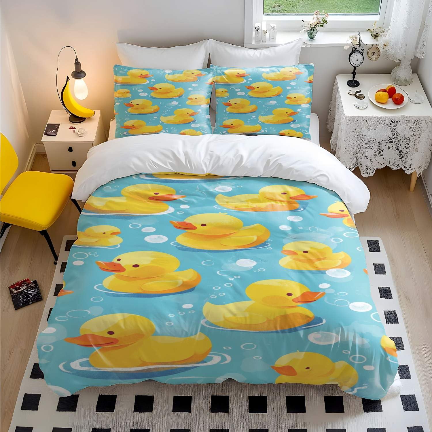 Juego de funda de edredón de pato de goma amarillo, tamaño King, juego de ropa de cama de estilo dibujos animados dibujados a mano, ropa de cama azul para cuna, decoración de habitación de niños