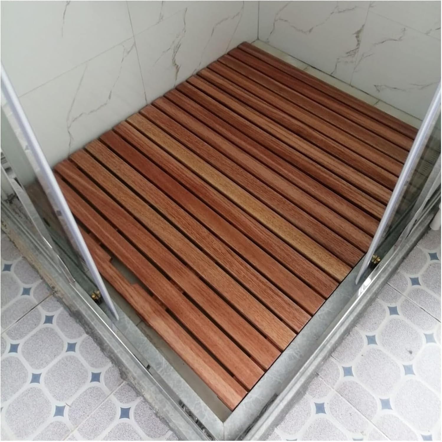 QIYFOZ Natural Wood Bath Mat - Non-Slip Quick-Dry Shower Mat with Slatted Drainage - Custom Size 30x30cm/12x12in - Durable Anti-Crack Design for Bathroom & Balcony Use