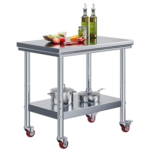 Jocisland 24" x 36" Stainless Steel Table for Prep & Work, Food-Grade Stainless Steel with Wheels, Adjustable Under Shelf & Safe Design for Restaurant, Home and Outdoor