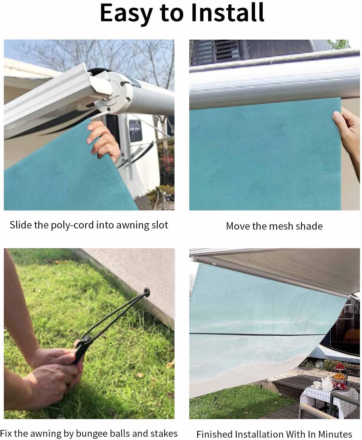Summer Green Beach RV Awning Sun Shade Screen with Zipper 9'x13.5' Coastal Nautical Watercolor Gradient Ocean Waves Mesh Sunshade UV Blocker Awning Shade Complete Kits for Motorhome Camper Canopy