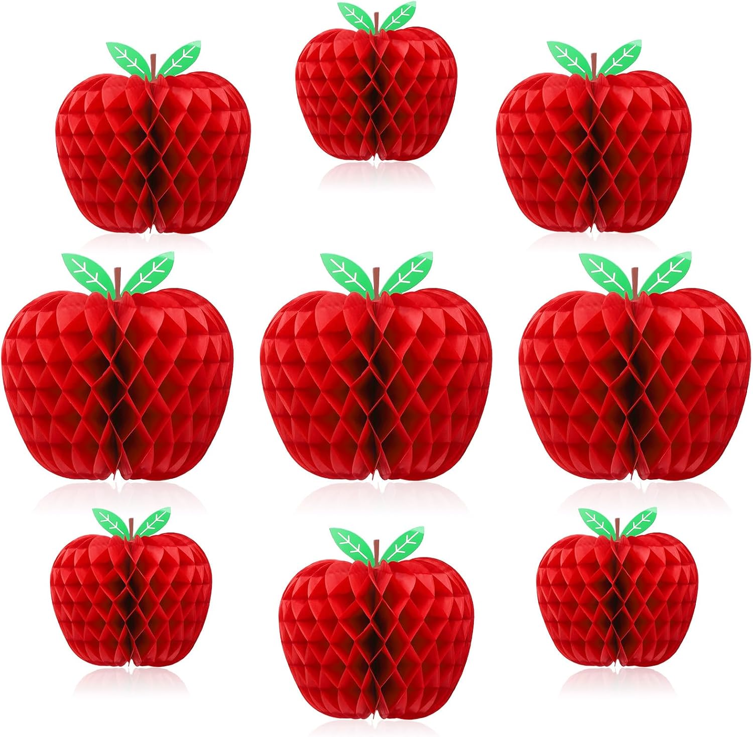 9-Piece Red Apple Honeycomb Paper Hanging Decorations - Back to School, Teacher Appreciation Day - Traditional Fruit Theme