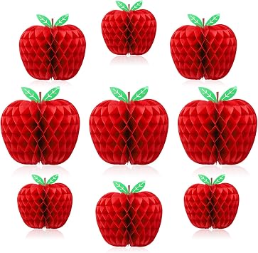 9-Piece Red Apple Honeycomb Paper Hanging Decorations - Back to School, Teacher Appreciation Day - Traditional Fruit Theme