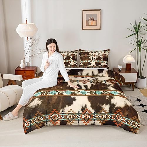 Miniatura 2 de Erosebridal Juego de edredón de piel de vaca marrón con estampado de vaca de las tierras altas, juego de ropa de cama occidental exótico azteca,