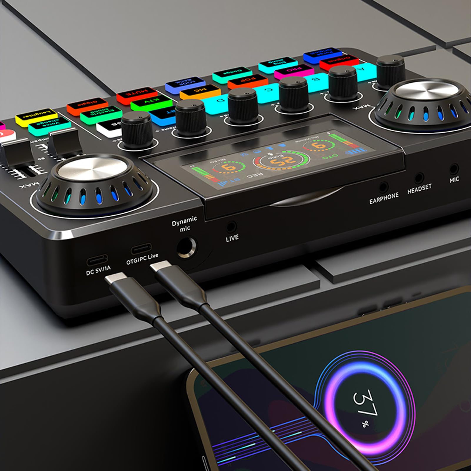 Scheda audio live, scheda mixer audio professionale con cambio voce, schermo LED regolabile, riverbero e luci RGB, mixer audio per streaming e podcasting