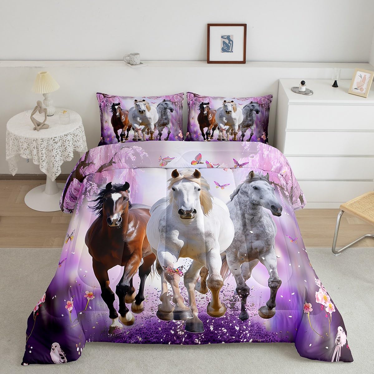 Feelyou Kids Boys Girls Cherry Blossom Horse Comforter Set King Size, Horse Bedding Set Brown Horse Comforter for Cute Horse Duvet Set White Horse Bed Set 3Pcs Room Decor Bedding Collection
