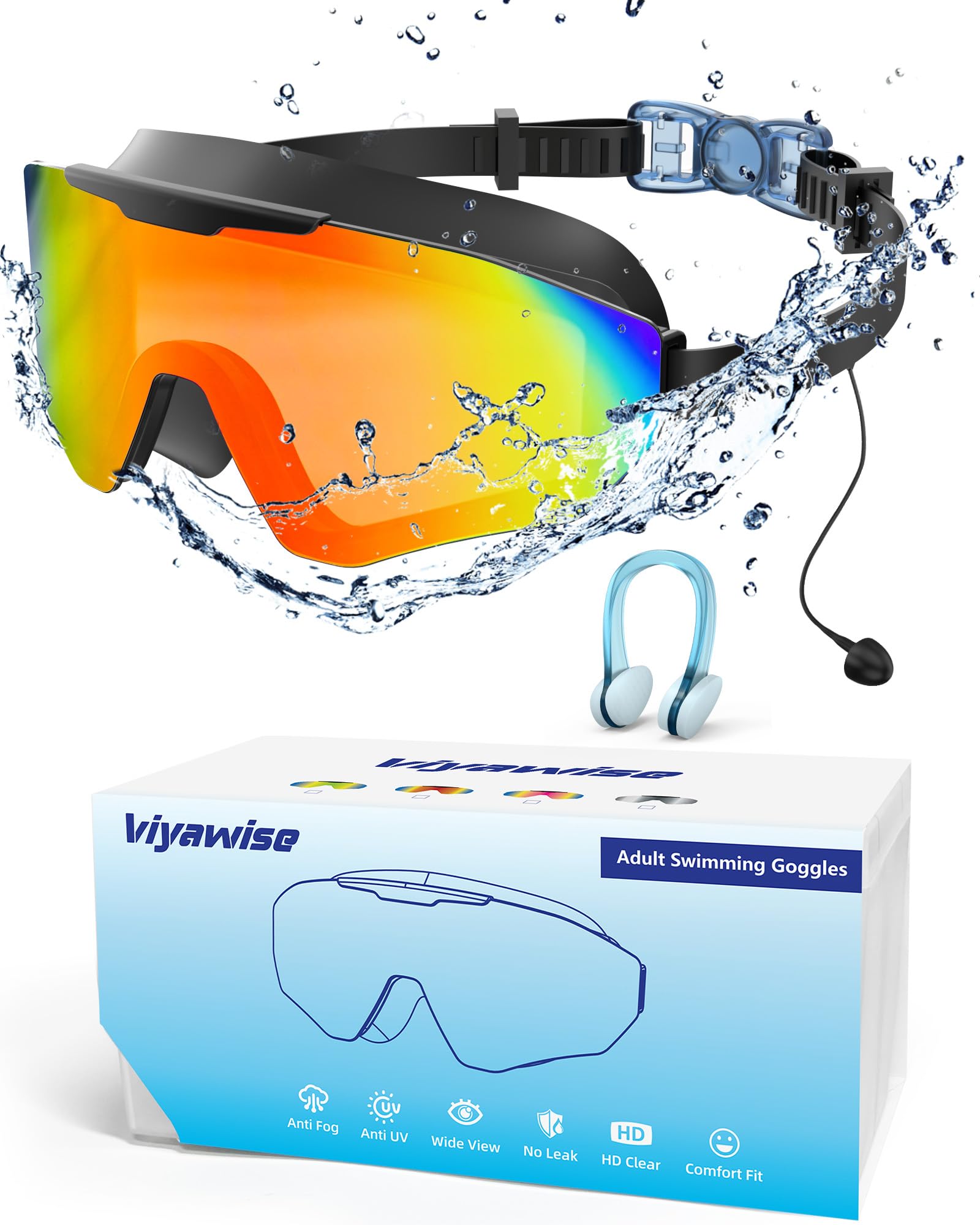 okulary pływackie z zatyczkami do uszu, szeroki wyświetlacz, okulary pływackie przeciw mgle, 3 kolory, okulary do pływania UV, dla mężczyzn, kobiet, dzieci
