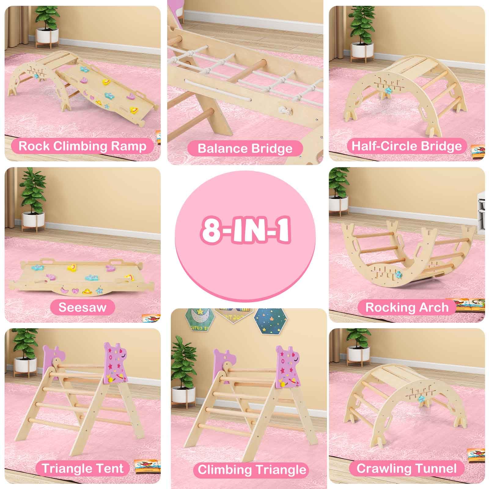 HOMASIS 4 in 1 Arrampicata per Bambini in Legno, Struttura da Scalata con Arco, Rampa, Corda e Scala, Palestra Giochi Educativa per Bambini da 3+ Anni (Naturale, Unicorno)