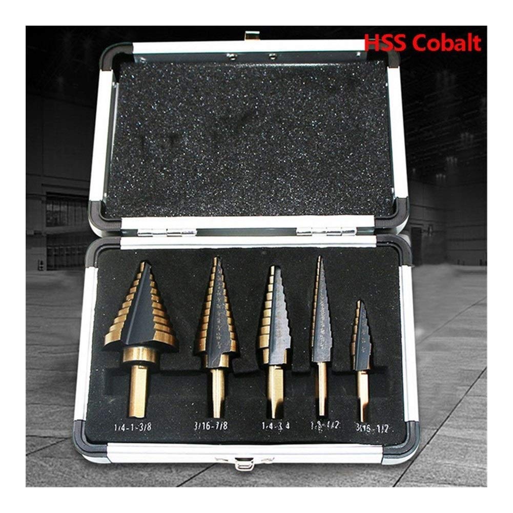 Broca escalonada, brocas for metal, broca escalonada de carburo, 5 piezas HSS Broca escalonada de cobalto Caja de aluminio Juego de brocas de múltiples orificios for metal Cortador de orificios de mad