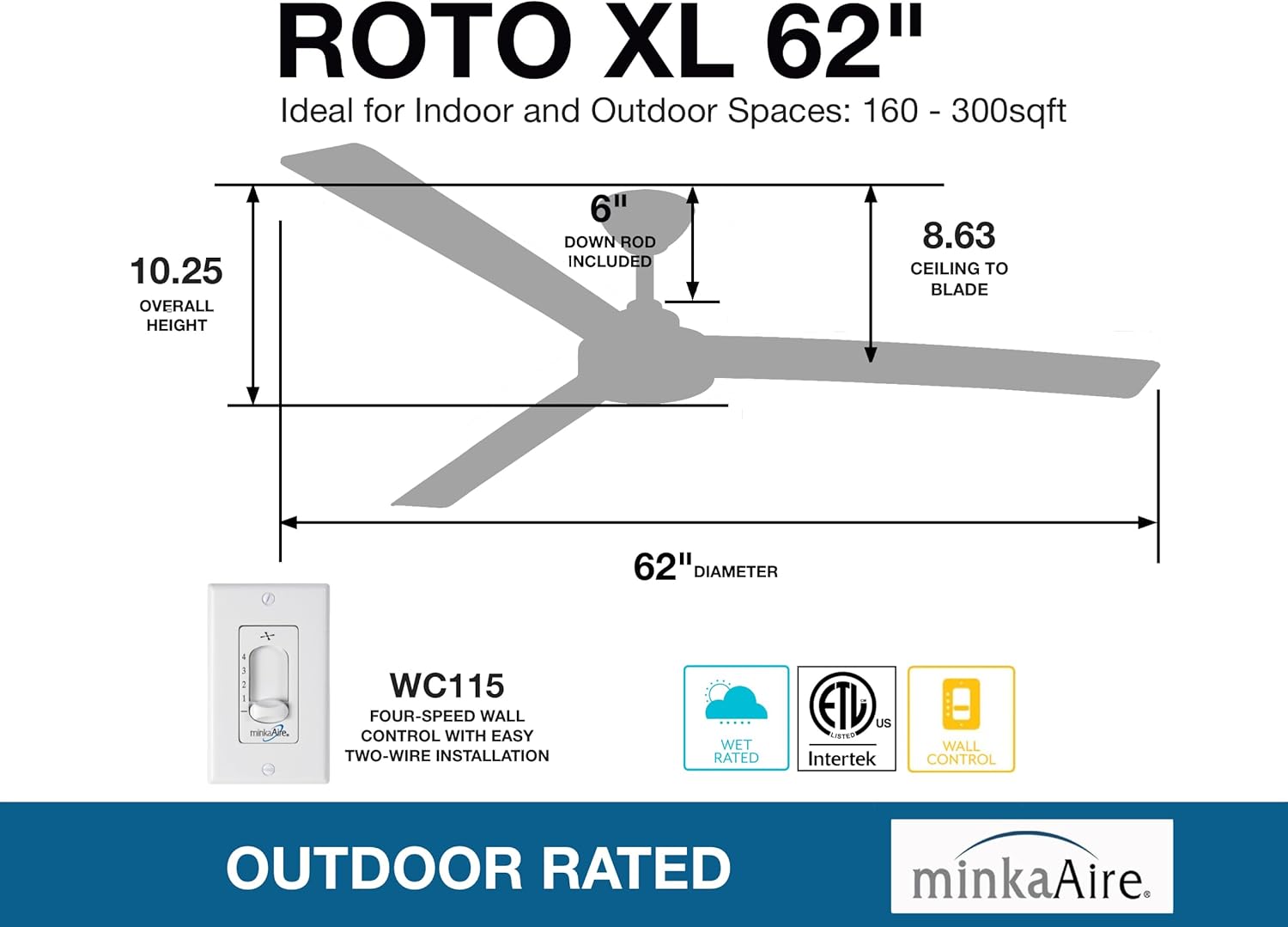 Minka Aire F624-WHF Roto XL 62" 3-Blades Ceiling Fan in Flat White Finish with Flat White Blades