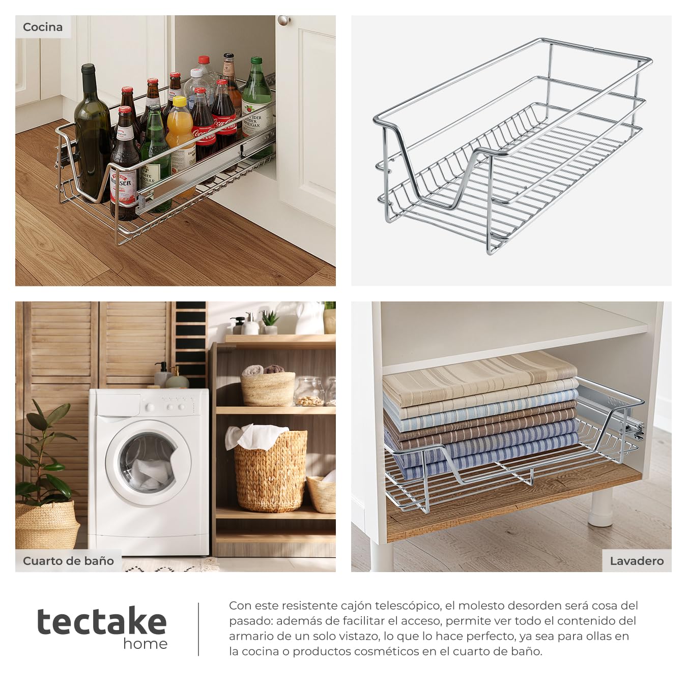 tectake® Cajón Telescópico, Bandeja Extraible Armario, Rieles Extensibles, Organizador Cocina, Organizador Armario Cocina, Cajon Telescopico Cocina - 2 Cajones, Apto para armarios de 30 cm