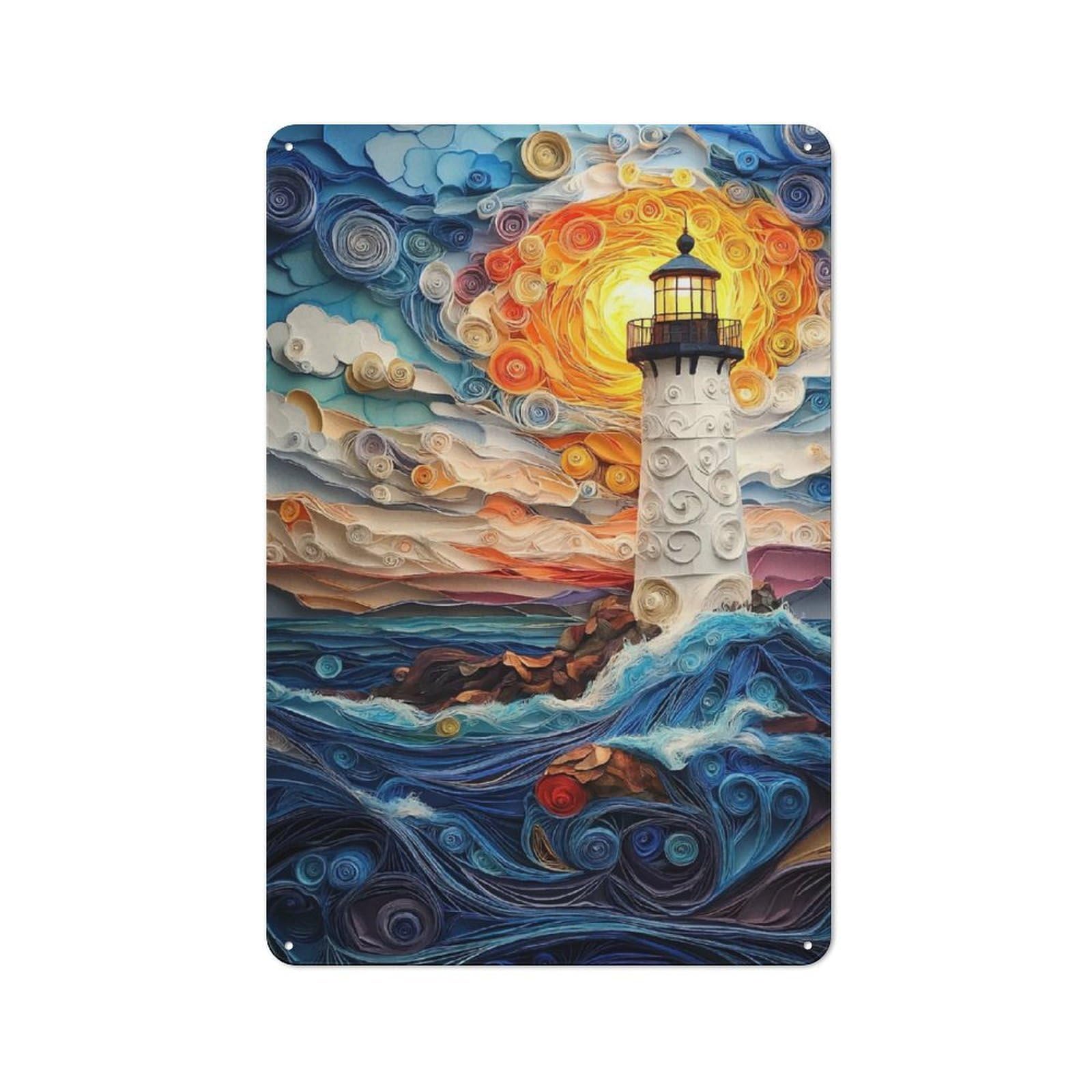 Industrial Papercraft Lighthouse Sunset Industrial Metal Sign 30x20cm, Industrial Wall Decor for Workspace, Cafe, Hallway Or Garage